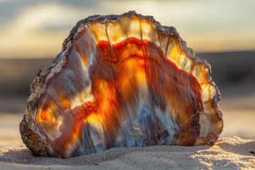 Fototapeta premium A mesmerizing slice of petrified wood, showcasing vibrant hues of orange, red, and gray, rests on a sandy beach bathed in golden sunlight.
