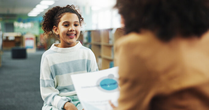 Discussion, library and child with school counsellor for future, development or assessment. Paperwork, education and therapist with girl kid student for behavior analysis at campus for growth.