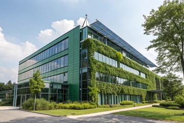 Modern eco-friendly building with green facade, solar panels. Sustainable glass office building with trees reducing carbon dioxide. Corporate building with green environment, vertical garden. 