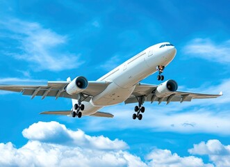 Obraz premium Airplane Flying Approaching Airport Against Blue Cloudy Sky Daytime Shot