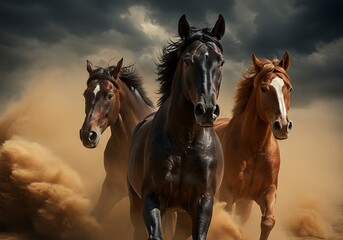 Three Horses Running Through a Dust Storm. Generative Ai