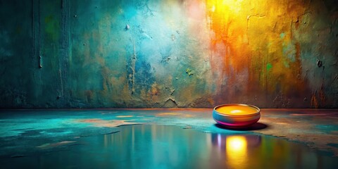 A luminous candle in a metallic bowl sits on a vibrant, textured surface against a richly colored, abstract wall.