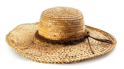 A wide-brimmed straw hat with a dark brown band, isolated on a white background