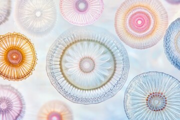 Microscopic view of colorful diatoms, showcasing intricate radial patterns and delicate structures.