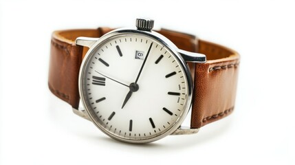 Classic wristwatch with a brown leather strap.  Timeless design.