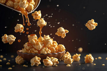 carmel popcorn flying around dark background
