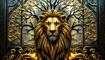 Majestic Art Deco Lion with Tree – High-Definition Luxurious Design, No 143