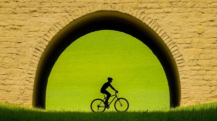 Fototapeta premium Silhouette Cyclist Under Stone Archway, Green Meadow
