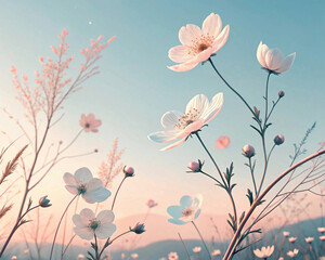 pale colours, flowers on the clear sky background