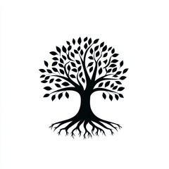 Silhouette Of A Tree With Roots On White Background