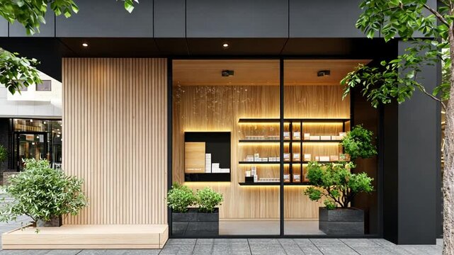 Modern storefront showcasing wooden design elements, greenery, and minimalist display in urban setting