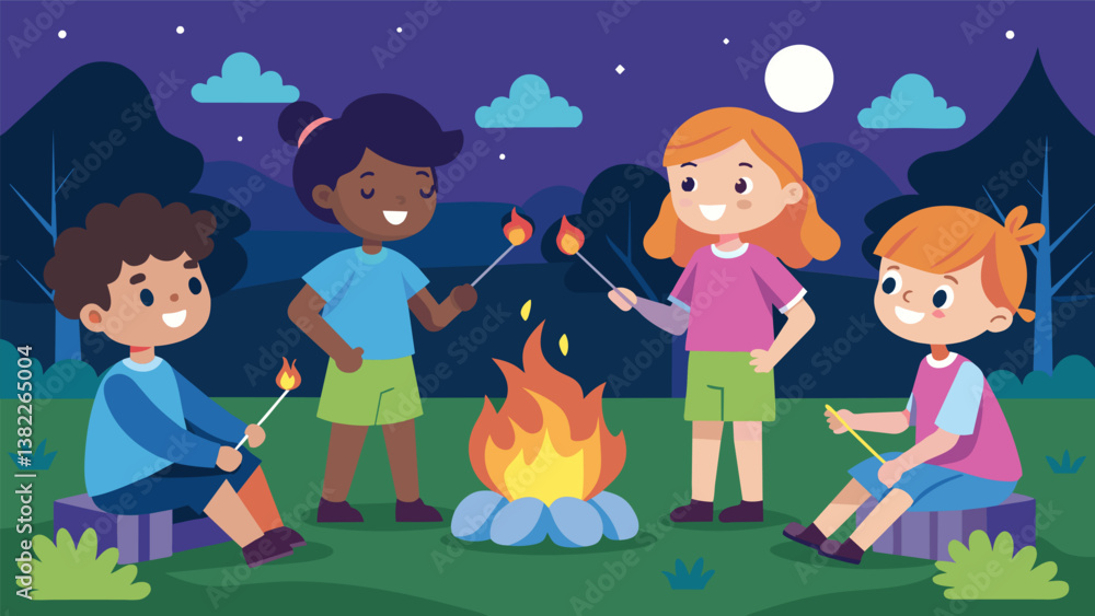 Poster a group of children roasting marshmallows on skewers over a fire pit in the backyard.. vector illust