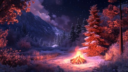 A warm bonfire in the forest on a chilly night