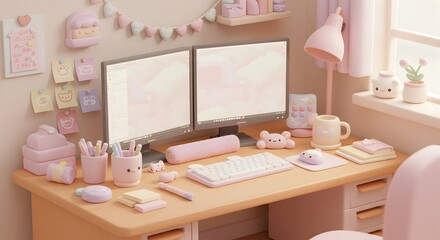Adorable Pink Aesthetic 3D Cartoon Workstation Illustration Cute Desk Setup with Computer, Keyboard, and Kawaii Accessories