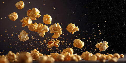 carmel popcorn flying around dark background