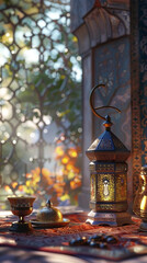 Islamic prayers and a lamp with a lantern and some other objects for ramadan Eid al adha Ul fitr