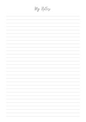MY NOTES blank sheet of paper with straight parallel lines on white isolated background. Vector illustration.