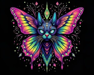 butterfly and cat psychedelic art on black background