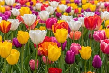 Fototapeta premium A field of colorful tulip flowers in full bloom, showcasing vibrant colors and natural beauty during springtime