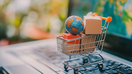 Miniature shopping cart filled with cardboard box and a small globe on a laptop keyboard with blurred map background. Concept of global e commerce, logistics, online retail and international shipping.