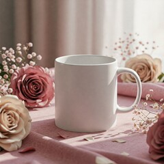 White Ceramic Mug with Romantic Floral Arrangement on Pink Tablecloth