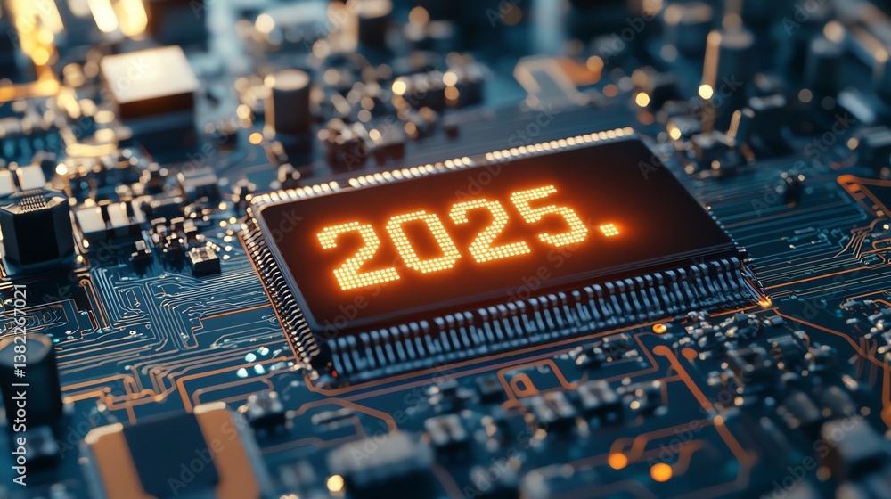 Poster digital circuit board featuring illuminated display with the year 2025 highlighted in orange glow