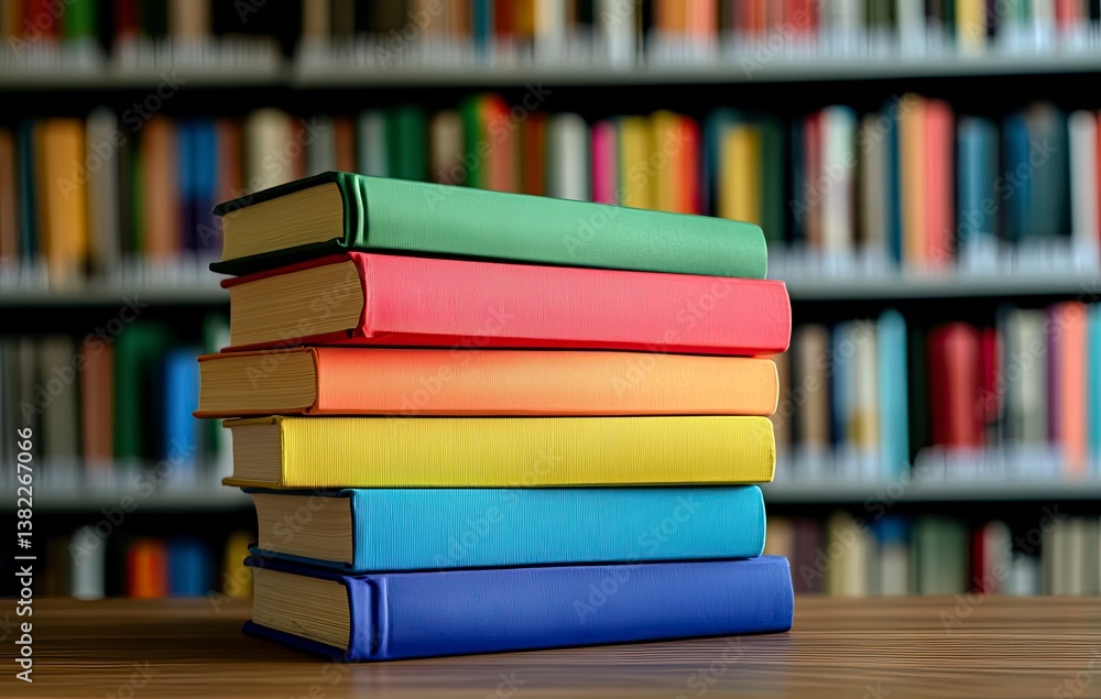 Poster stacked colorful books on wooden table in library for learning
