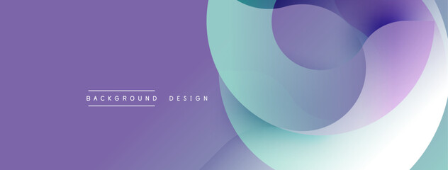 Abstract design. Purple backdrop features flowing translucent shapes. Gradient colors blend smoothly. Minimalist aesthetic. Text reads background design.