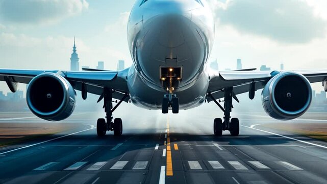 Huge aircraft landing on a runway with a cityscape behind. Big commercial plane serving domestic flight as seen from above. High quality 4k footage