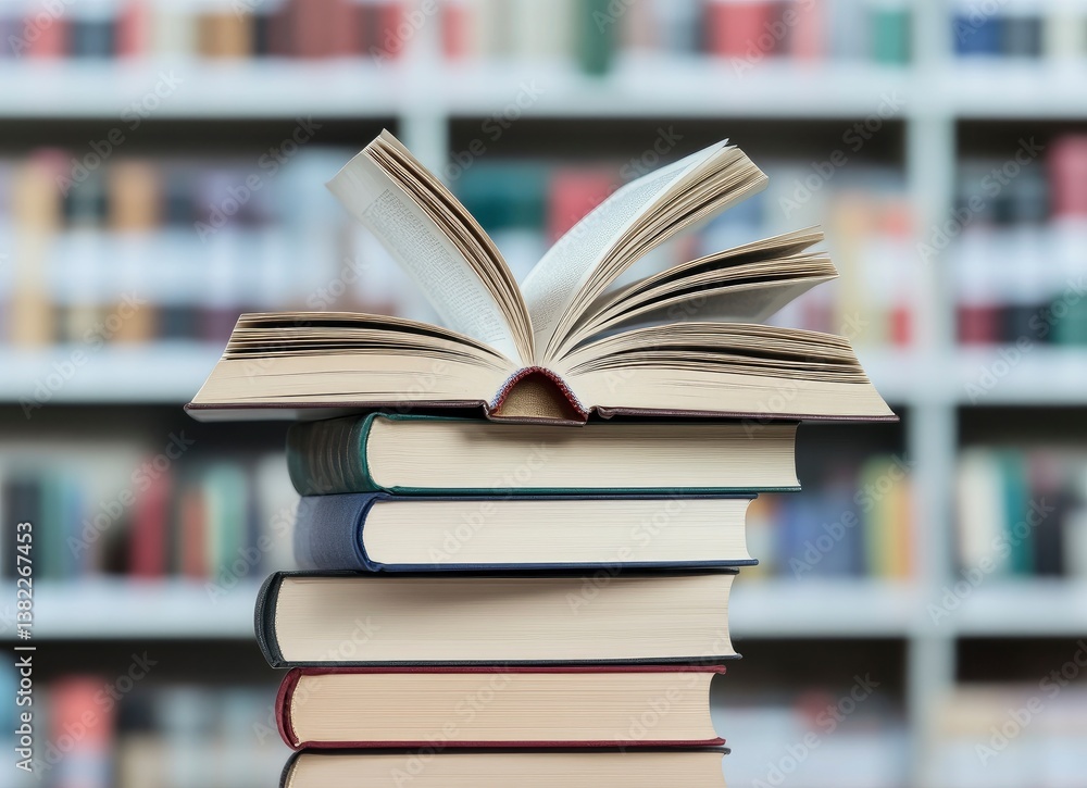 Poster open book on stacked books against blurred bookshelf backdrop in library