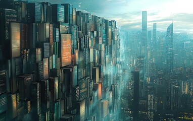 A wall of books submerged in a futuristic city skyline, books blending with urban structures, surreal vision of literature merging with city life, dreamlike urban landscape