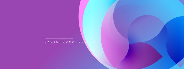 Purple background with overlapping circles. Blue, pink, violet gradients create abstract shapes. Modern design for digital projects.