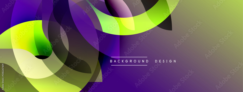 Poster Abstract shapes blend, creating vibrant gradient. Purple, green, yellow hues dominate design. Modern aesthetic, dynamic composition. Smooth transitions, layered forms.