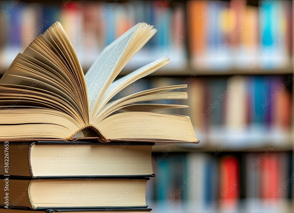 Poster open book resting atop stack in library shows learning and knowledge