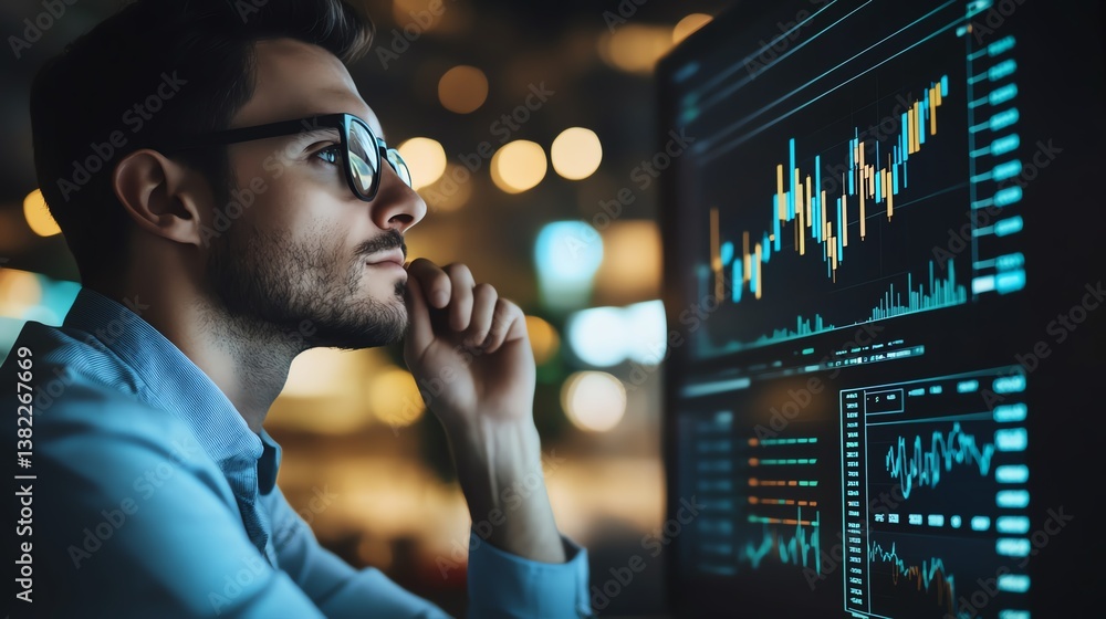 Poster professional analyzing data on computer screen in a well-lit office during evening hours