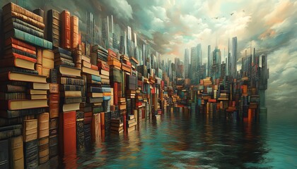 A surreal wall of books submerged in a city skyline, skyscrapers surrounded by floating books, blending urban architecture with the world of literature, mystical cityscape