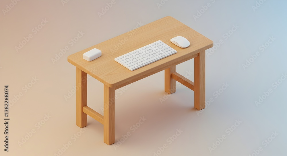 Aufkleber isometric 3d render of minimalist wooden desk with keyboard and mouse