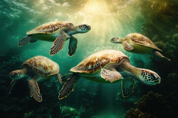 Four sea turtles gracefully swim in a sunlit ocean, showcasing vibrant coral reefs.