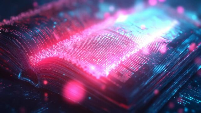 an open book with holographic digital cybernetic glowing electronic circuit on page 