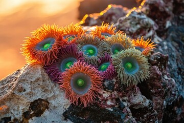 Obraz premium Vibrant sea anemones cluster on a rock at sunset, showcasing their colorful tentacles and intricate details.