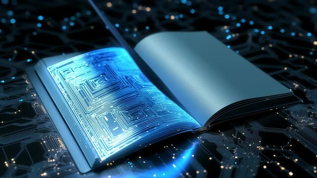 an open book with holographic digital cybernetic glowing electronic circuit on page 