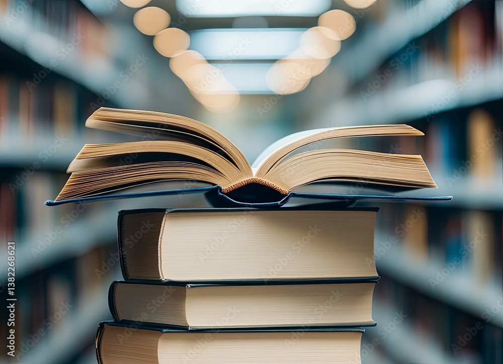 Aufkleber open book on stack of books in library for reading or study