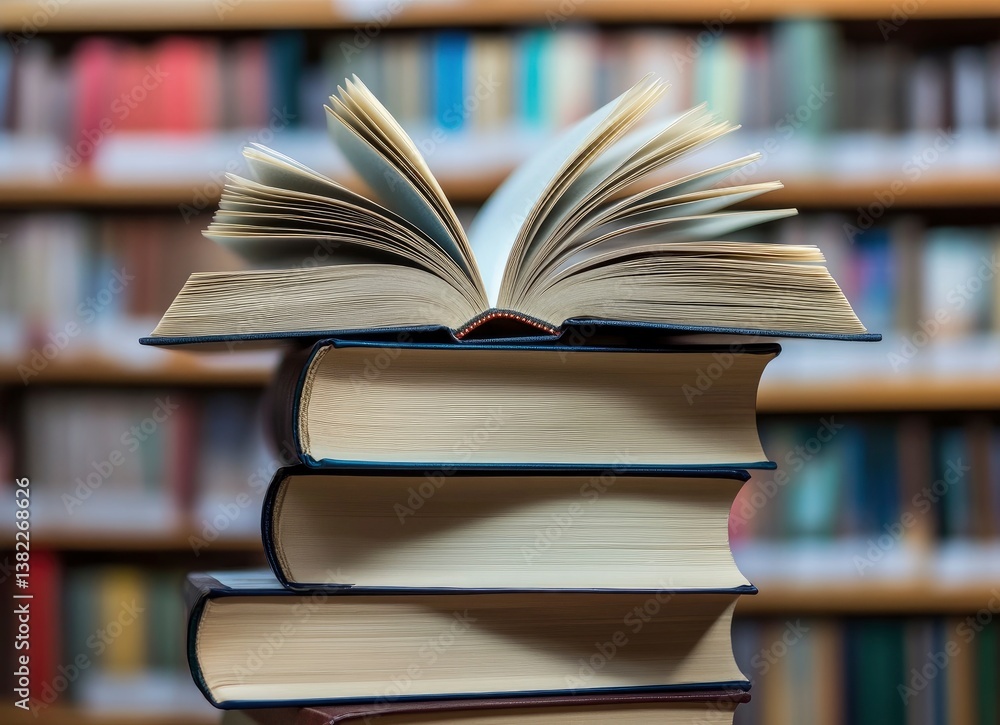 Poster stack of books with open book on top in library setting