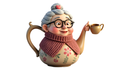 Cartoon Teapot Character Holding Tea Cup on Transparent Background