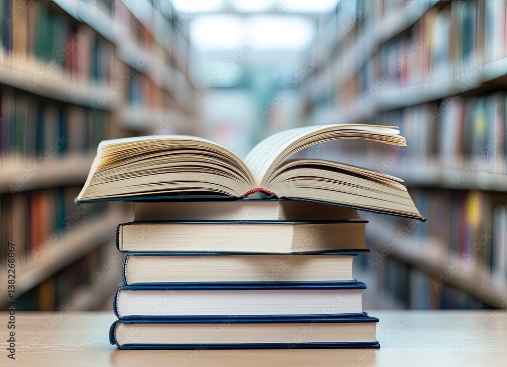 Poster open book on stack in library represents learning and knowledge