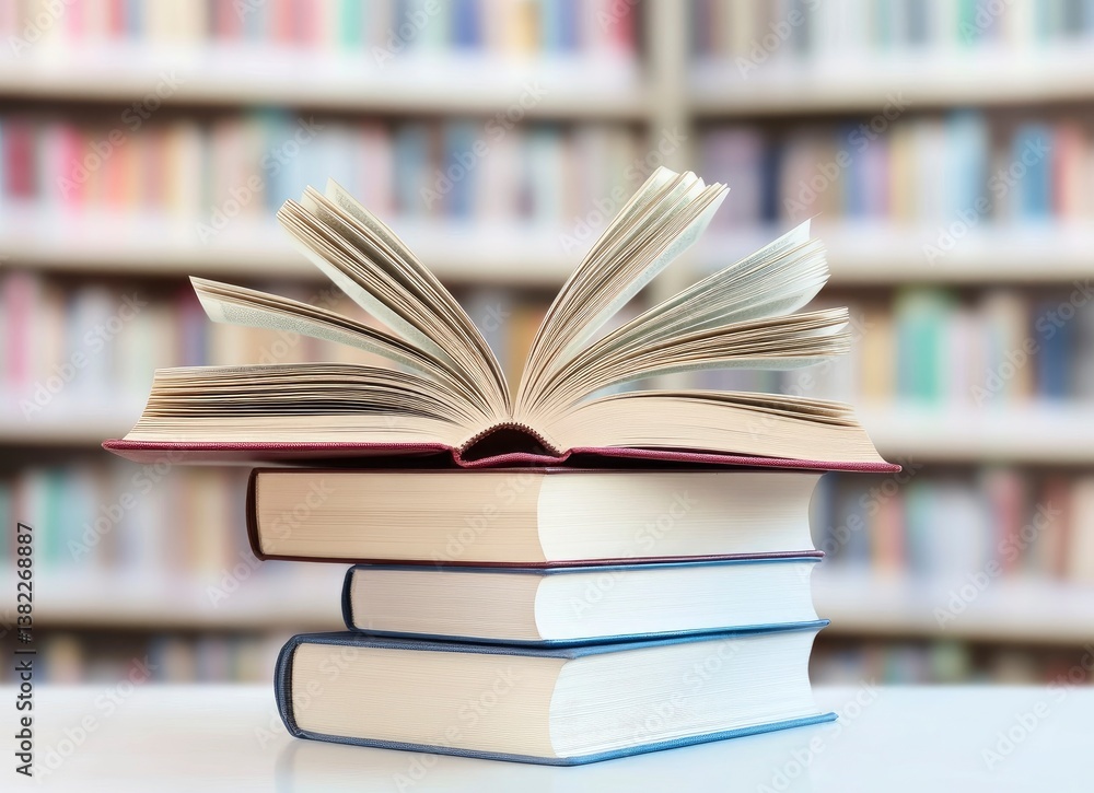 Poster open book on stack of books in library for reading concept
