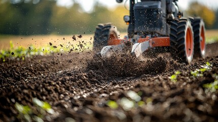 Farming tractor tilling soil agricultural field action shot rural environment close-up view sustainable agriculture concept