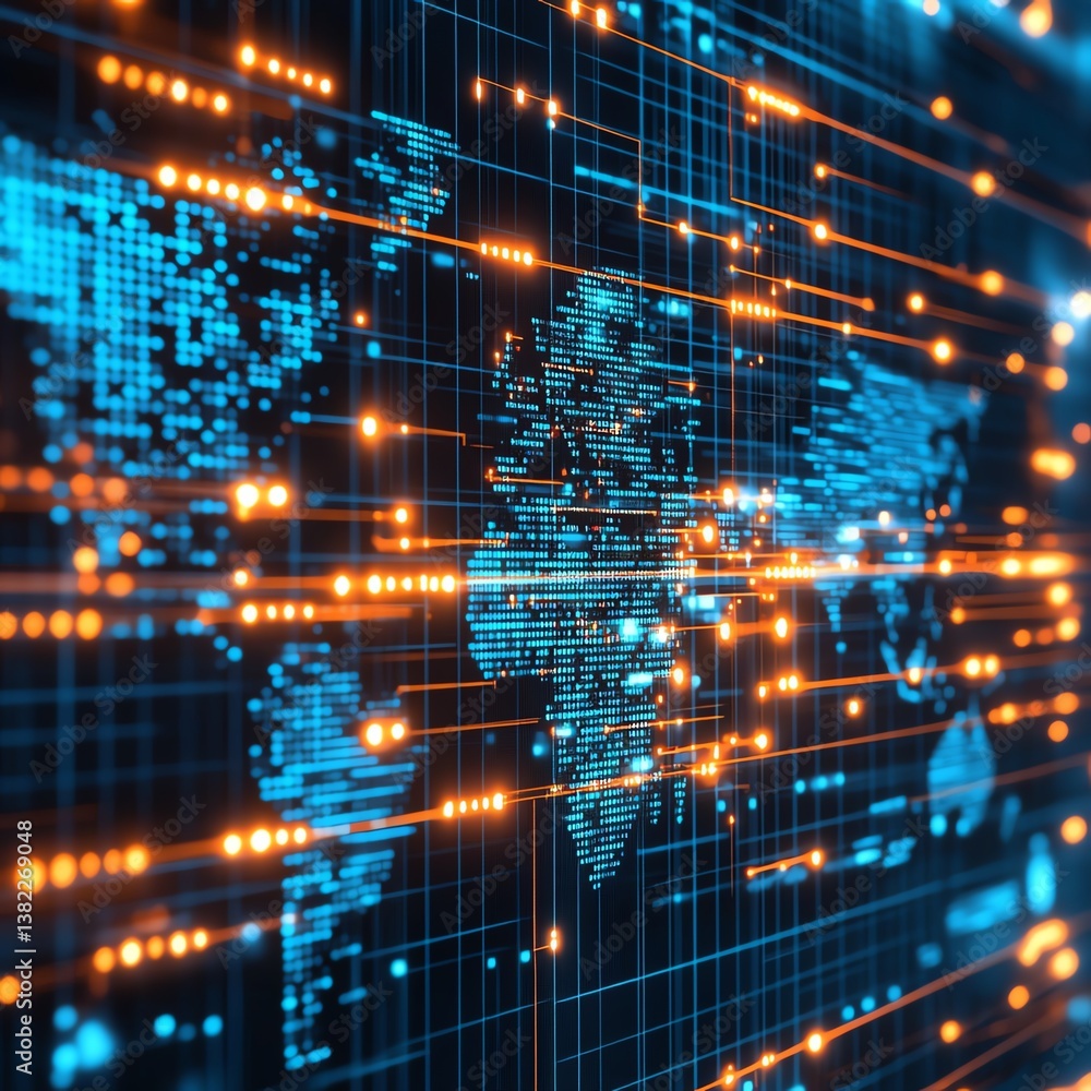 Poster global digital connectivity represented through vibrant data flow and world map visualization in a f