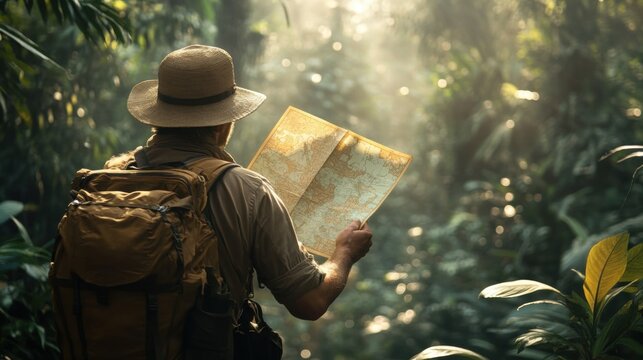 An explorer exploring the jungle with a map in hand