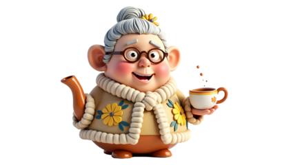 Cartoon Grandmother Enjoying Tea Time with Teapot and Cup